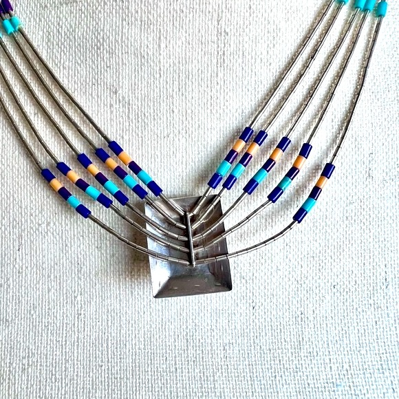 Southwest Style Necklace Earring Set Liquid Silver Semi-Precious Inlay Stones - Picture 8 of 16